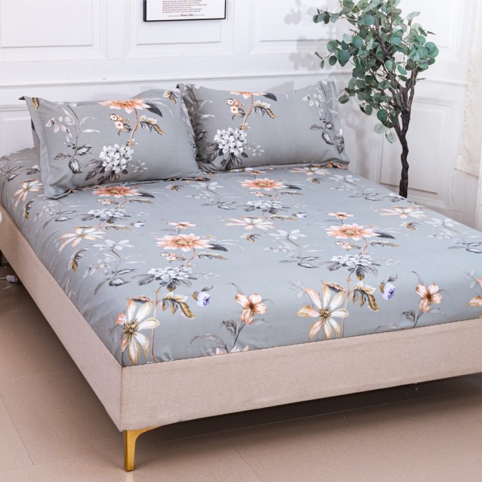 Cearșaf cu Elastic 180x200 cm + 2 Fețe de Pernă 50x70 cm  Gri  Flori