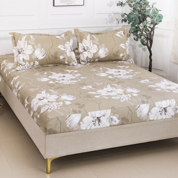 Cearsaf cu Elastic 180x200 cm + 2 Fete de Perna 50x70 cm, Bej, Flori Albe [1]