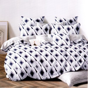 Lenjerie pat dublu, bumbac satinat, cu doua feţe, 4 piese,  Alb, Bleumarin, Romburi Lenjerie pat dublu, bumbac satinat, cu doua feţe, 4 piese,  Alb, Bleumarin, Romburi