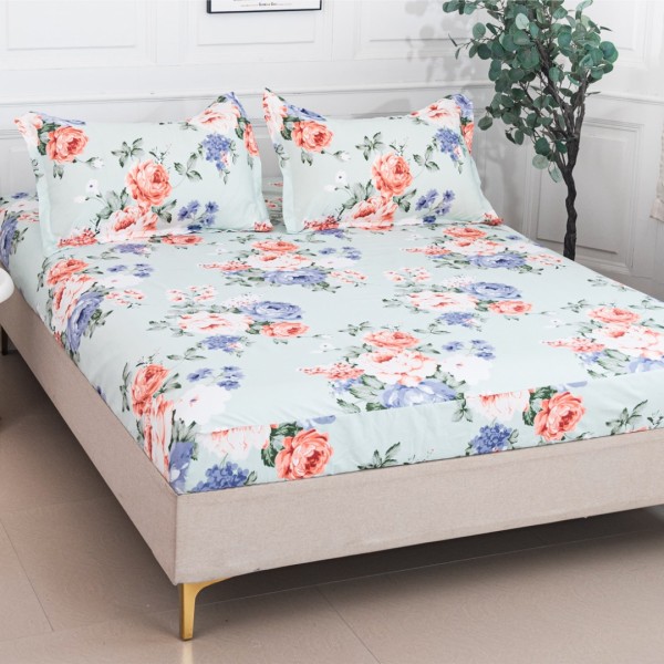 Cearsaf cu Elastic 180x200 cm + 2 Fete de Perna 50x70 cm, Menta, Flori [1]