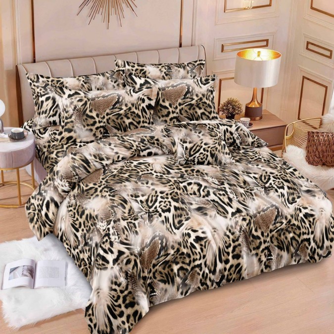 Lenjerie pat dublu  BUMBAC FINET  6 piese  cu ELASTIC  Maro  abstract  animal print