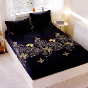 Cearsaf cu Elastic Cocolino 180x200cm si 2 fete de perna 50x70cm, Bleumarin, Fluturi