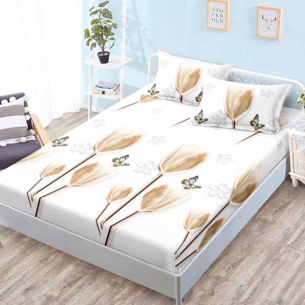 Cearsaf cu elastic, Bumbac FINET, 160x200cm, 2 fete de perne 50x70cm, Gri, Bej, Lalele, Fluturi [1]