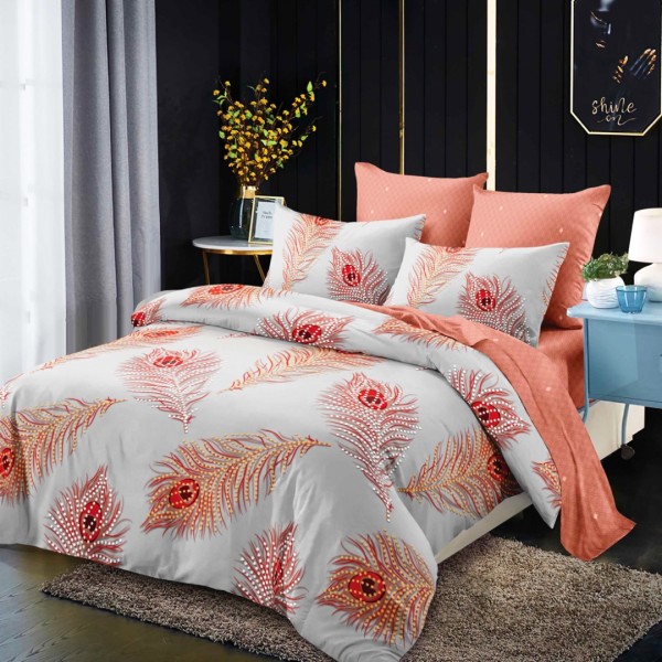 Lenjerie pat dublu,  FINET, cu elastic, 6 piese, Gri, Somon, Pene de Paun [1]