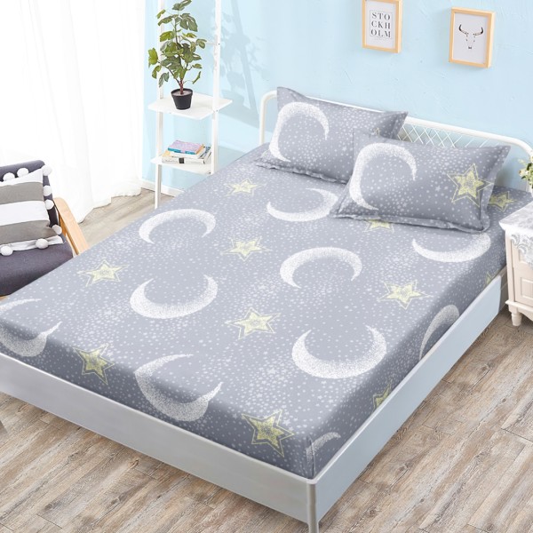 Cearsaf cu elastic, Bumbac FINET, 160x200cm, 2 fete de perne 50x70cm, Gri, Galben, Luna si Stele [1]