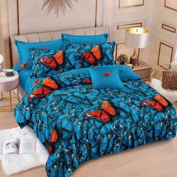 Lenjerie pat dublu (160x200cm, 180x200cm),  FINET, 6 piese, cu ELASTIC, Albastru, fluturi portocalii [1]