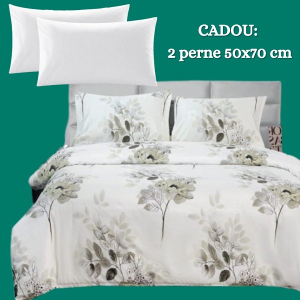 Lenjerie de Pat 4 Piese din Bumbac Satinat cu Cearsaf cu Elastic + 2 Perne Cadou 50x70 cm, cod INS-LSG154 [1]