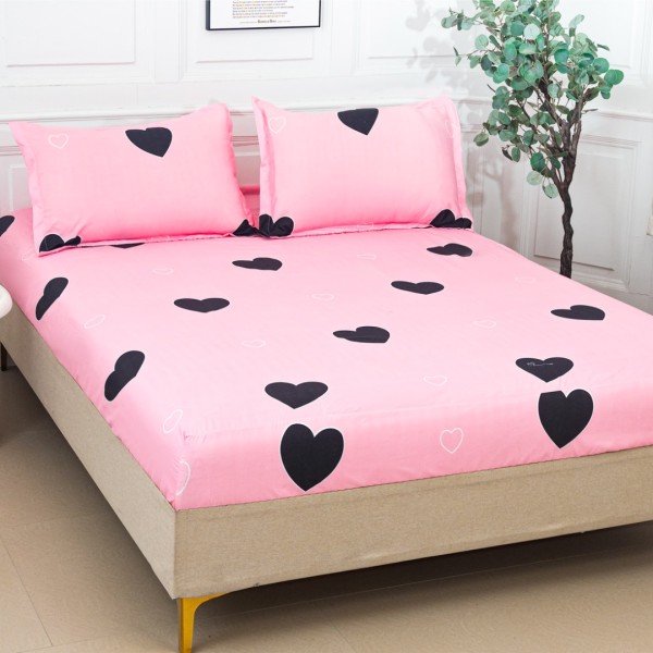 Cearsaf cu Elastic 180x200 cm + 2 Fete de Perna 50x70 cm, Roz, Inimioare Negre [1]