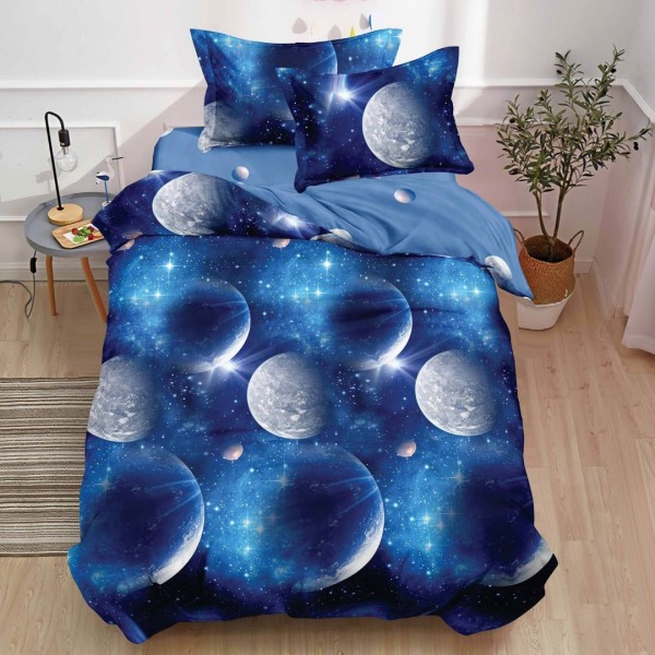 Lenjerie pat 140x200cm,  FINET, 4 piese, cu ELASTIC, Albastru, planete, spatiul cosmic [1]