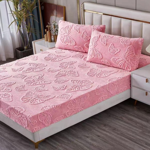 Cearșaf Cocolino 180/200 cm – Elastic 360°,  + 2 Fete Perna, Model Fluturi 3D, Moale și Călduros, Roz [1]