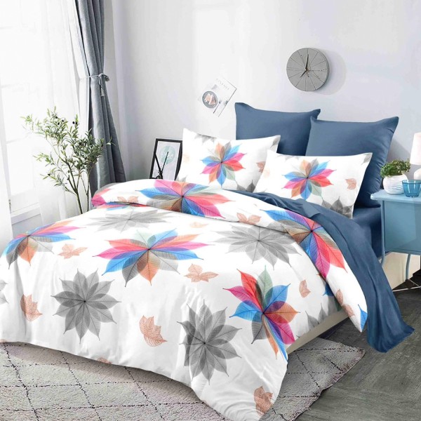 Lenjerie Pat Dublu,  FINET, 6 piese, Alb, Bleumarin, Gri, Roz, Flori din Frunze [1]