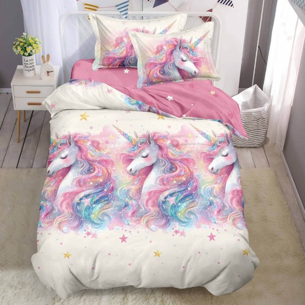Lenjerie pat 140x200cm,  FINET, 4 piese, cu ELASTIC, Alb, Roz, unicorni fantasy [1]