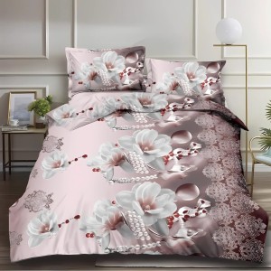 Lenjerie pat dublu (140x200cm, 160x200cm, 180x200cm), cearsaf clasic, imprimeu 3D, Maro, flori