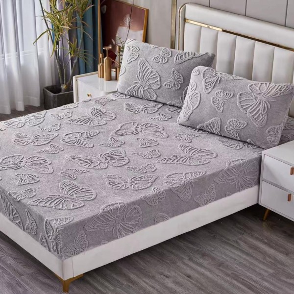 Cearșaf Cocolino 180/200 cm – Elastic 360°,  + 2 Fete Perna, Model Fluturi 3D, Moale și Călduros, Gri Deschis [1]