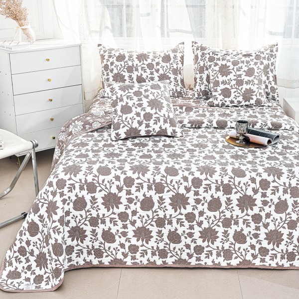 Cuvertura Pat Dublu, Bumbac cu In, Model Brodat Direct în Tesatura, 230x250 cm, 2 fete de perna 52x72cm, 2 fete de perna 46x46cm, Alb, Maro, Flori [1]
