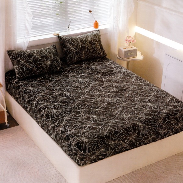 Cearsaf cu Elastic Cocolino 180x200cm si 2 fete de perna 50x70cm, Negru, Alb, Frunze [1]