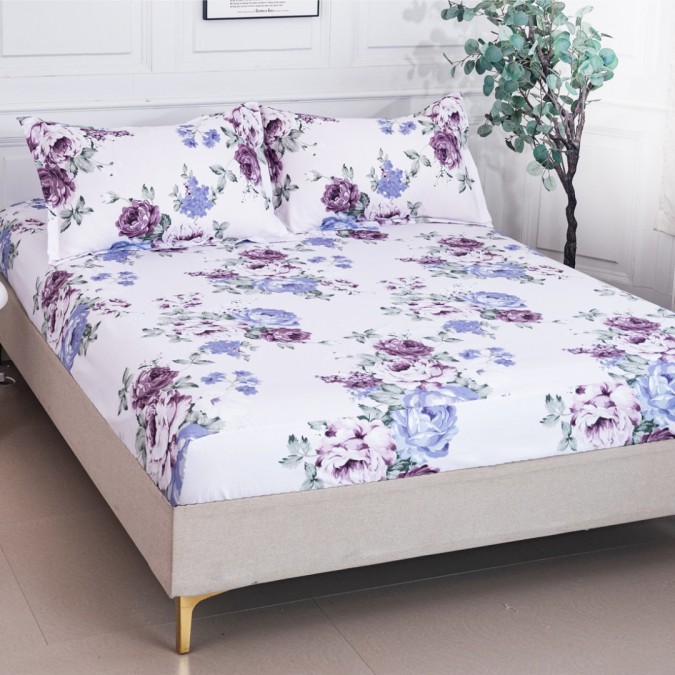 Cearșaf cu Elastic 180x200 cm + 2 Fețe de Pernă 50x70 cm – Bumbac Satinat Premium, Alb, Flori Mov