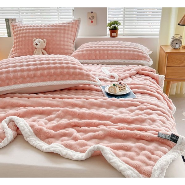 Patura Premium, Blanita Artificiala Fina, 200x230cm + 2 Fete de Perna 52x78cm, cu Bordura din Blanita Contrastanta – Confort si Eleganta în Fiecare Detaliu, Somon [1]