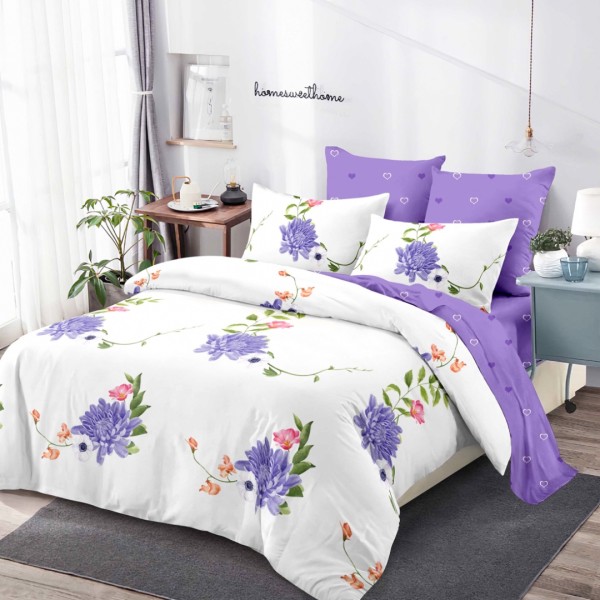 Lenjerie pat dublu,  FINET, cu elastic, 6 piese, Alb, Lila, Flori [1]