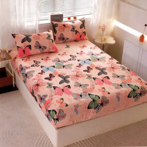Cearsaf cu Elastic Cocolino 180x200cm si 2 fete de perna 50x70cm, Roz, Fluturi