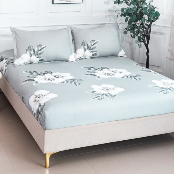 Cearsaf cu Elastic 180x200 cm + 2 Fete de Perna 50x70 cm, Gri, Flori Albe [1]