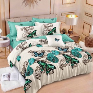 Lenjerie pat dublu (160x200cm, 180x200cm),  FINET, 6 piese, cu ELASTIC, Turcuaz, fluturi