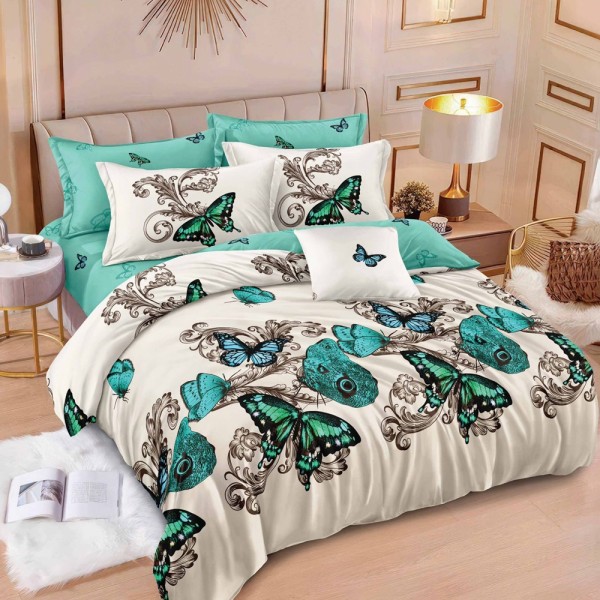 Lenjerie pat dublu (160x200cm, 180x200cm),  FINET, 6 piese, cu ELASTIC, Turcuaz, fluturi [1]