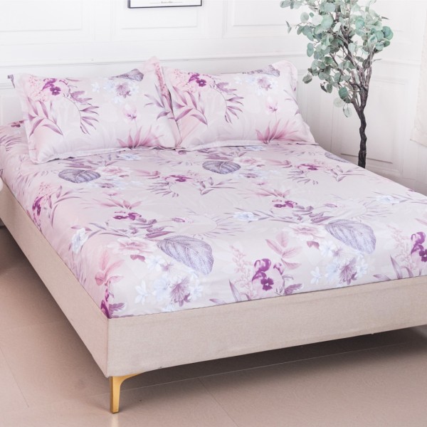 Cearsaf cu Elastic 180x200 cm + 2 Fete de Perna 50x70 cm, Roz, Frunze Lila si Flori [1]