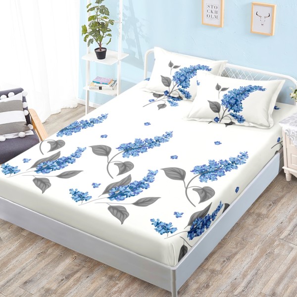 Cearsaf cu elastic, Bumbac FINET, 160x200cm, 2 fete de perne 50x70cm, Crem, Albastru, Flori [1]