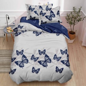 Lenjerie pat 140x200cm,  FINET, 4 piese, cu ELASTIC, Albastru, fluturi