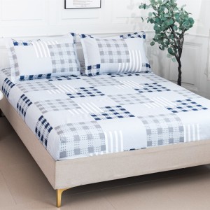 Cearsaf cu Elastic 180x200 cm + 2 Fete de Perna 50x70 cm, Gri, Albastru, Carouri