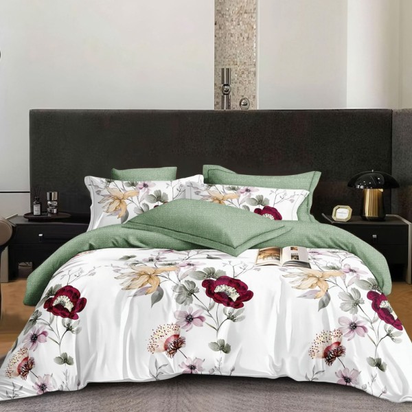 Lenjerie pat dublu (140x200cm, 160x200cm, 180x200cm), FINET, 6 piese, Alb, Verde, flori [1]