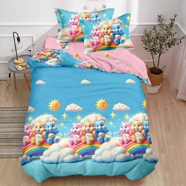 Lenjerie pat 140x200cm,  FINET, 4 piese, cu ELASTIC, Bleu, Roz, ursuleti, curcubeu [1]