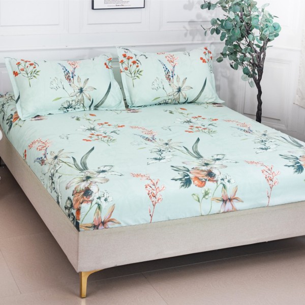 Cearsaf cu Elastic 180x200 cm + 2 Fete de Perna 50x70 cm, Aqua, Flori [1]