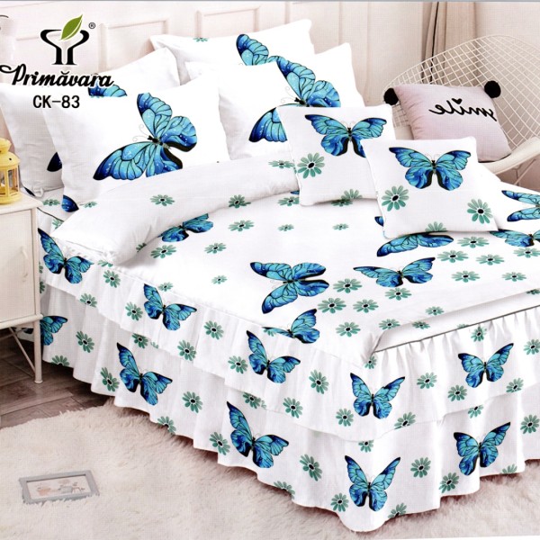 Lenjerie Premium Pat Dublu  FINET, 6 Piese – Volanase Sofisticate, Fixare Perfecta cu Elastic, Alb, Albastru, Fluturi [1]