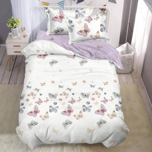 Lenjerie pat 140x200cm,  FINET, 4 piese, cu ELASTIC, Lila, fluturi