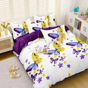 Lenjerie pat dublu (140x200cm, 160x200cm, 180x200cm), bumbac satinat, cearsaf clasic, 4 piese,  Alb, Mov, fluturi Lenjerie pat dublu (140x200cm, 160x200cm, 180x200cm), bumbac satinat, cearsaf clasic, 4 piese,  Alb, Mov, fluturi