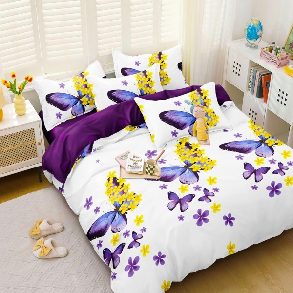 Lenjerie pat dublu (140x200cm, 160x200cm, 180x200cm), bumbac satinat, cearsaf clasic, 4 piese,  Alb, Mov, fluturi [1]
