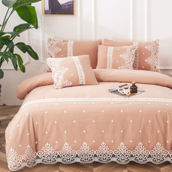 Lenjerie pat dublu,  Fin cu Dantela si Broderie Rafinata, CEARSAF CU ELASTIC, 6 piese, Piersica [1]