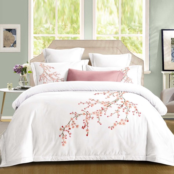 Lenjerie pat dublu, Primăvara,  FINET, Cearsaf cu Elastic 180x200cm, 4 piese, Alb, Roz, Crengute cu Flori - Lux Absolut, Delicatețe și Eleganță Desăvârșită [1]