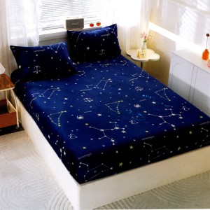 Cearsaf cu Elastic Cocolino 180x200cm si 2 fete de perna 50x70cm, Albastru, Constelatii