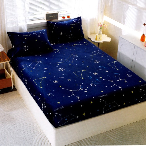 Cearsaf cu Elastic Cocolino 180x200cm si 2 fete de perna 50x70cm, Albastru, Constelatii [1]