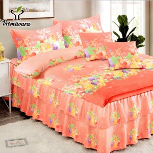 Lenjerie Premium Pat Dublu  FINET, 6 Piese – Volanase Sofisticate, Fixare Perfecta cu Elastic, Somon, Multicolor, Flori