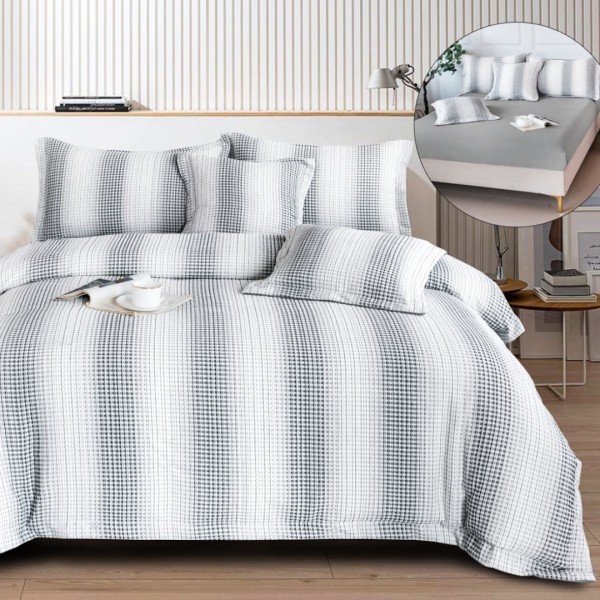 Lenjerie Pat Dublu, Cearsaf cu Elastic, 5 Piese, Bumbac 4 Anotimpuri Fin, Broderie Latoasa - Confort si Eleganta, Alb, Gri, Dungi [1]