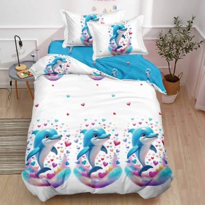 Lenjerie pat 140x200cm,  FINET, 4 piese, cu ELASTIC, Alb, Bleu, delfini