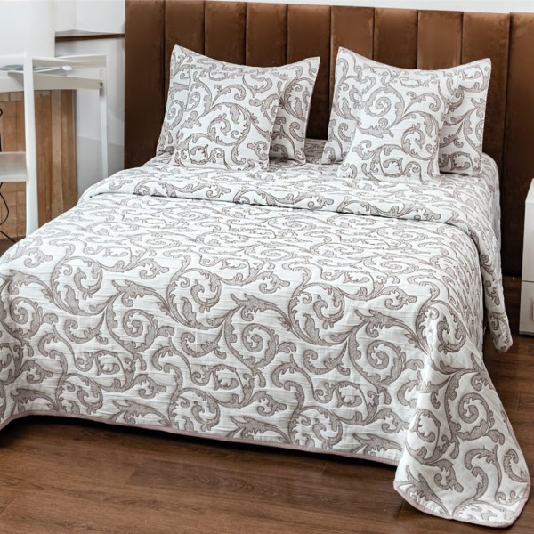 Cuvertura Pat Dublu, Bumbac cu In, Model Brodat Direct în Tesatura, 230x250 cm, 2 fete de perna 52x72cm, 2 fete de perna 46x46cm, Alb, Bej, Model Tribal [1]