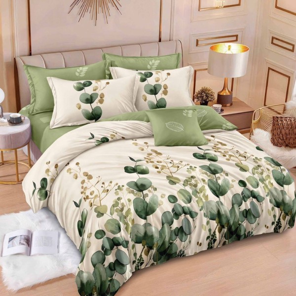 Lenjerie pat dublu (160x200cm, 180x200cm),  FINET, 6 piese, cu ELASTIC, Verde, Crem, flori [1]