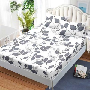 Cearșaf cu Elastic, Bumbac Satinat, 180x200 cm + 2 Fețe de Pernă 50x70 cm, Alb, frunze gri