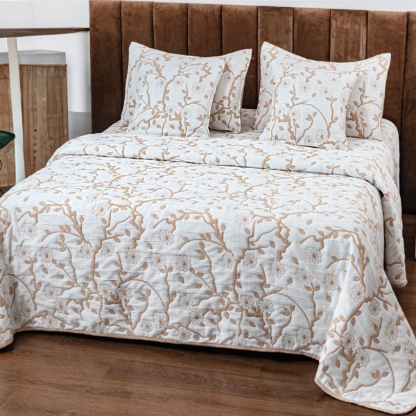 Cuvertura Pat Dublu, Bumbac cu In, Model Brodat Direct în Tesatura, 230x250 cm, 2 fete de perna 52x72cm, 2 fete de perna 46x46cm, Alb, Bej, Crengute [1]
