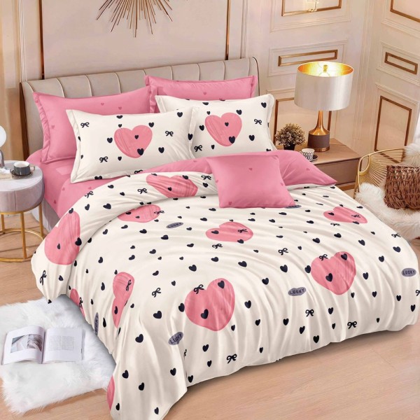 Lenjerie pat dublu (160x200cm, 180x200cm),  FINET, 6 piese, cu ELASTIC, Crem, Roz, inimioare [1]